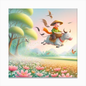 Asian Girl Riding A Cow,Cow Flying In A Field,Inspired by Marc Chagall's floating Canvas Print