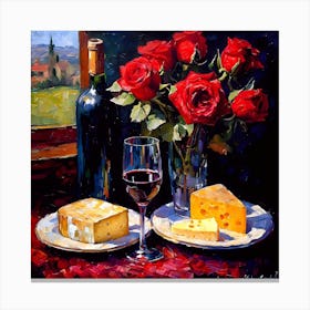 Wine, Cheese And Red Roses Canvas Print