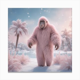 Digital Oil, Ape Wearing A Winter Coat, Whimsical And Imaginative, Soft Snowfall, Pastel Pinks, Blue (3) Canvas Print