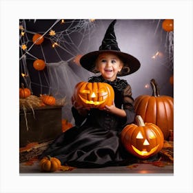Little Witch With Pumpkins Canvas Print