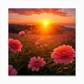 Sunset With Dahlias Canvas Print