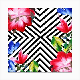 Hibiscus Flowers On Striped Background Canvas Print