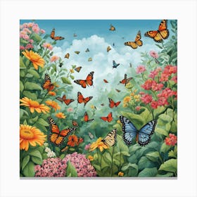 Butterflies In The Garden, A Butterfly Garden With Various Species art print Canvas Print