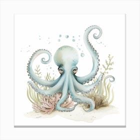 Storybook Style Octopus On The Ocean Floor With Aqua Marine Plants 6 Canvas Print