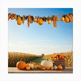 Autumnal Harvest Scene Capturing A Gourd Squash And Pumpkin Amongst A Field Of Corn Under A Cornfl (6) Canvas Print