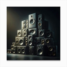 A dark and moody image of a large stack of black speakers, each one with a different design and size, all stacked together in a haphazard way, with the light from a single spotlight shining down on them from the top left corner of the image. Canvas Print