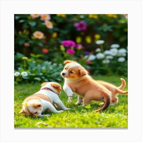 Puppies and kittens in beautiful green garden 3 Canvas Print