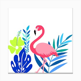 Pink Flamingo And Tropical Leaves Canvas Print