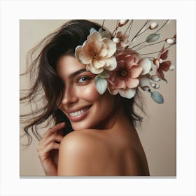 Beautiful Woman With Flowers On Her Head 2 Canvas Print