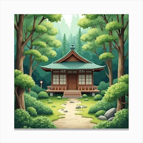 Japanese Tea House In A Tranquil Forest, Watercolor Hues Of Green And Brown 1 Canvas Print