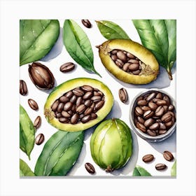 Watercolor Coffee Beans And Leaves Canvas Print