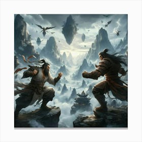 Two Warriors Fighting In The Mountains Canvas Print