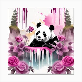 Panda Bear With Roses Watercolor Splash Dripping Canvas Print