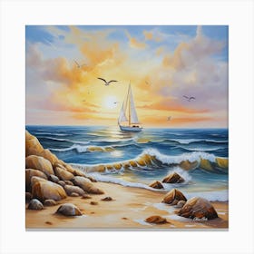 Oil painting design on canvas. Sandy beach rocks. Waves. Sailboat. Seagulls. The sun before sunset.35 Canvas Print