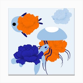 Flower Fish And Blue Peonie Square Canvas Print