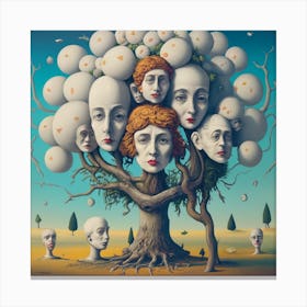A Surrealist Tree With Heads Growing On It Canvas Print