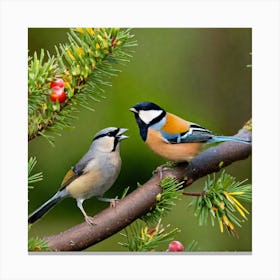 Two Birds Perched On A Branch 4 Canvas Print