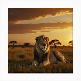 A Majestic Lion Lounging On A Grassy Savanna At Sunset, Surrounded By The Golden Hues Of The Setting Sun And The Vast Expanse Of The African Plains 4 Canvas Print