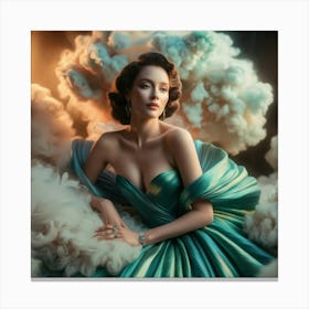 Beautiful Woman In A Blue Dress On Clouds Cinematic Wall Decoration Canvas Print