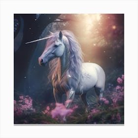 white unicorn with a long mane in a mystical fairytale forest, mountain dew, fantasy, mystical forest, fairytale, beautiful, purple pink and blue tones, dark yet enticing, Nikon Z8 2 Canvas Print
