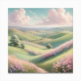 Soft and dreamy pastel-colored landscape with rolling hills, fluffy clouds, and blooming flowers. The scene should be whimsical and gentle, evoking a sense of peace and serenity. 3 Canvas Print