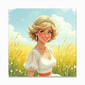 Princess Diana With A Joyful Smile In A Bright Watercolor Meadow Scene 1 Canvas Print