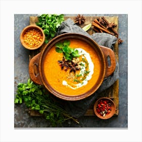 Autumn Pumpkin Curry Soup Simmering In A Traditional Clay Pot Steam Rising Surrounded By An Assort (5) Canvas Print