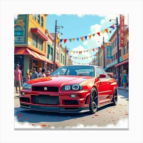 Nissan Gt R R34 Amidst A Colorful Watercolor Carnival Scene Canvas Print