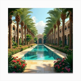 Lush Egyptian Garden Filled With Exotic Flowers And Palm Trees 1 Canvas Print