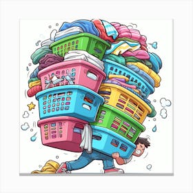 Cartoon Man Carrying Laundry Baskets 2 Canvas Print