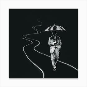 ine path. The man is dressed in a vintage ensemble, holding onto an old-fashioned umbrella. The path is shrouded in complete darkness, with only the faint silhouette of the man and the subtle outlines of the winding path visible. The ink lines are bold and dramatic, creating an atmosphere of mystery and suspense.. Canvas Print