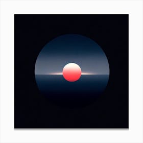Title: "Eclipse at Sea: A Study in Contrast"  Description: "Eclipse at Sea" presents a minimalist yet profound vision of a sun dipping into the ocean's embrace. The stark contrast between the dark horizon and the vibrant red of the sun creates a captivating focal point, reminiscent of an eclipse where light and shadow play on nature's vast canvas. The composition is framed within a circular vignette, focusing the viewer's attention on the simplicity and beauty of this daily celestial event. This piece exemplifies the serene moment of sunset, where day and night meet in a quiet spectacle of color and light, making it a perfect complement to spaces that appreciate the art of subtlety and the magnificence of nature's rhythms. Canvas Print
