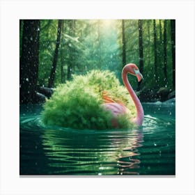 Firefly Green, Soft, Plush, Flamingo, Swimming, Transparent, Glass Lake, Sunlight, Snow, Falling, Re Canvas Print