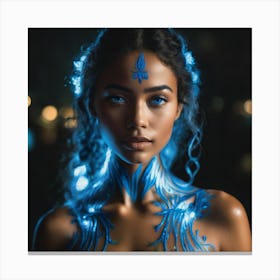 Woman with neon blue body art Canvas Print