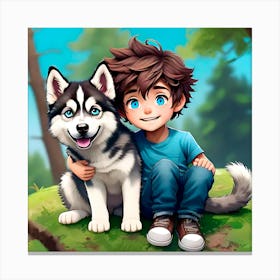 Boy With Dog in Forest Canvas Print