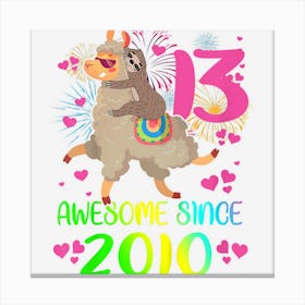 Kids 13 Year Old Sloth Riding Llama Since 2010 13th Birthday Girl Canvas Print