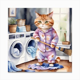 Cute Cat In Pajamas busy with Laundry Canvas Print