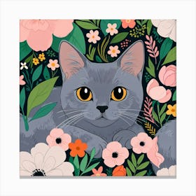 Gray Cat In Flowers Canvas Print