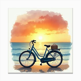 Cruiser Bike By A Peaceful Beach Sunset Watercolor Art 1 Canvas Print