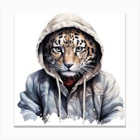 Watercolour Cartoon Snow Leopard In A Hoodie 3 Canvas Print