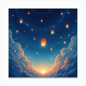 Floating Lanterns In A Starry Sky, Watercolor 1 Canvas Print