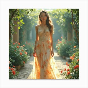 Elegant Woman In Watercolor Dress, Serene Garden Backdrop 1 Canvas Print