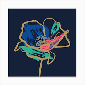 Poppy Flower Minimal Line Art Dark Blue Canvas Print