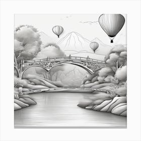 Hot Air Balloons Over The River Minimalistic Line Art Landscape Canvas Print