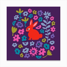 BUNNY RABBIT Cute Animal and Flowers in Sweet Brights Red Purple Pink Blue Green Kids Canvas Print
