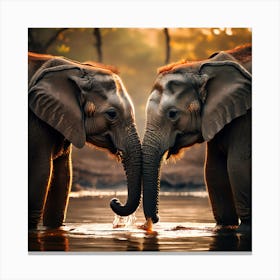 Elephants In The Water, Elephants Tenderly Interacting With Smaller Animals Showcasing Kindness In Nature Canvas Print