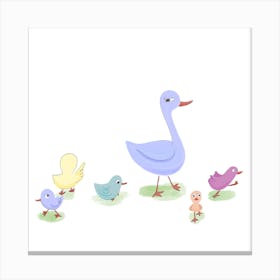 Purple Mummy Duck And Ducklings Square Canvas Print