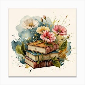 Best books and flowers on watercolor background 7 Canvas Print