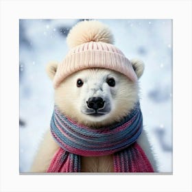 Firefly Playful, Endearing, Polar, Bear, Cub, Fluffy, White, Fur, Snowy, Backdrop, Knit, Cap, Scarf, (1) Canvas Print