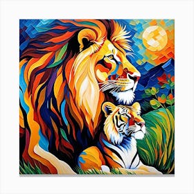 Lion And Cub Painting Canvas Print